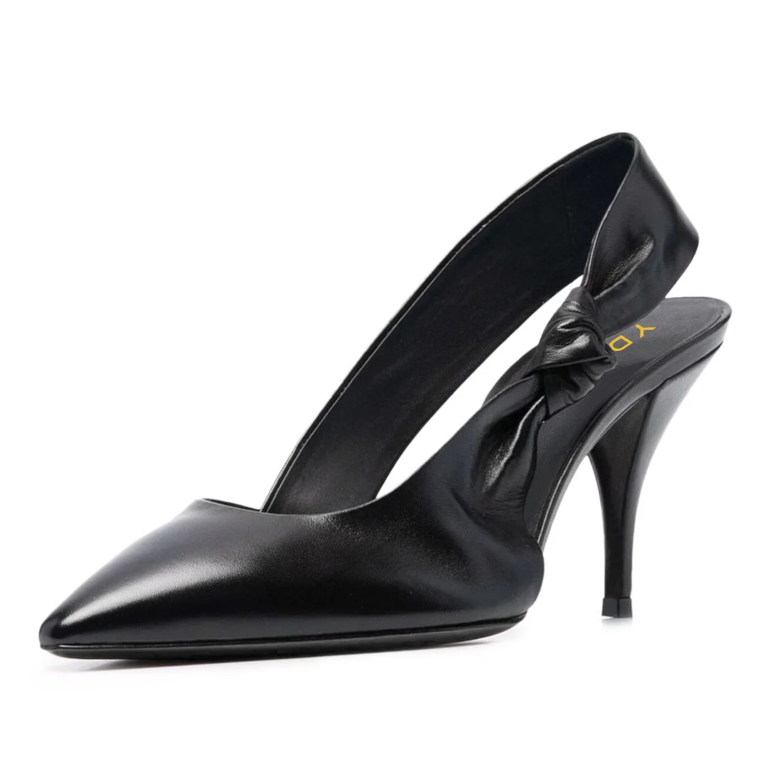 Black Pointed Toe Knot Slingback Pumps Shoes with Stiletto Heels