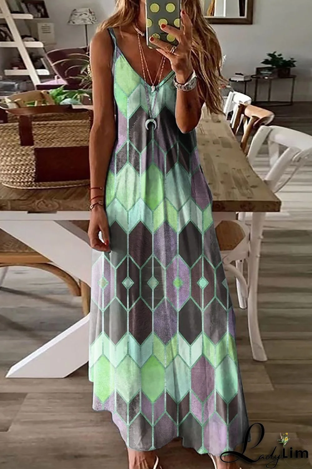 Green Fashion Casual Print Backless Spaghetti Strap Long Dress Dresses