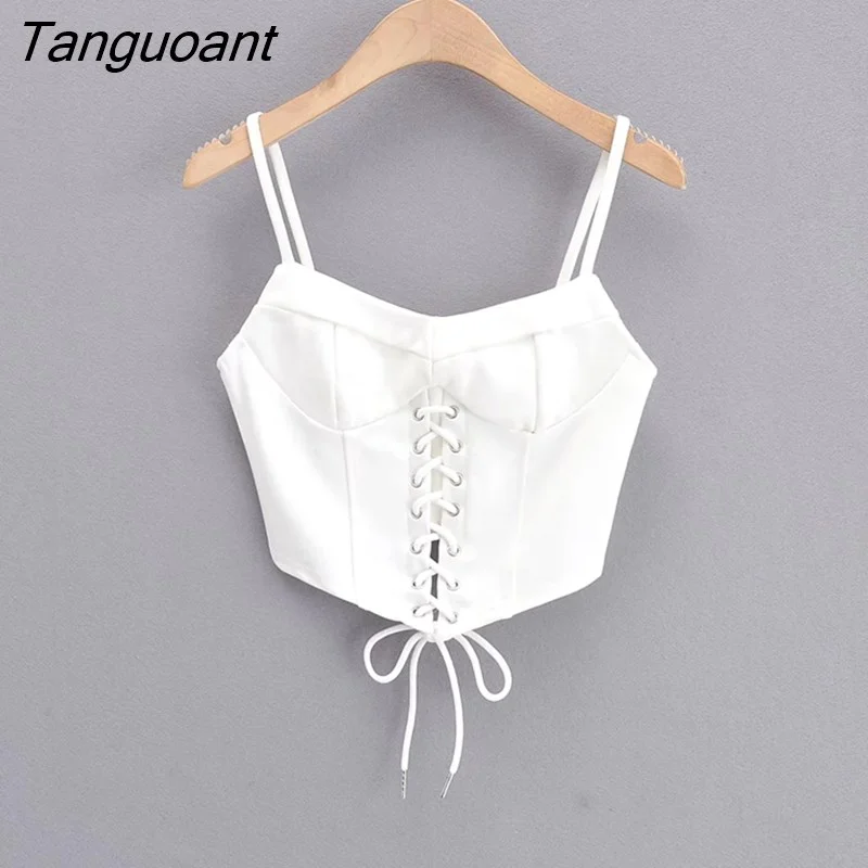 Tanguoant Harajuku Tie Bow Adjust Lace-up Bandage Camisole Women Summer Corset Sexy Tank Tops Retro Cool Girl Slim Crop Top Tees