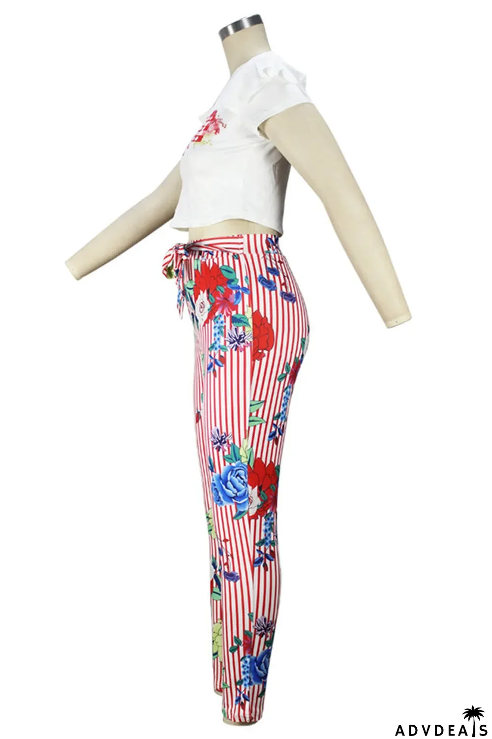 Blue Fashion Casual Print Basic O Neck Short Sleeve Two Pieces