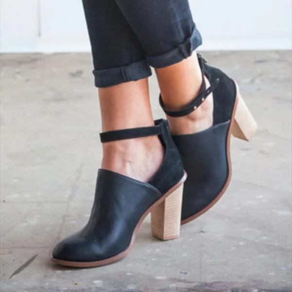  Black Heeled Boots Retro Ankle Strap Chunky Heel Ankle Boots