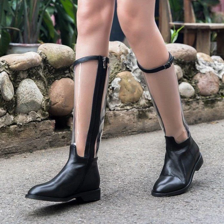Black Round Toe Comfortable Flats Fashion Mid-calf Boots transparent Shoes |FSJ Shoes