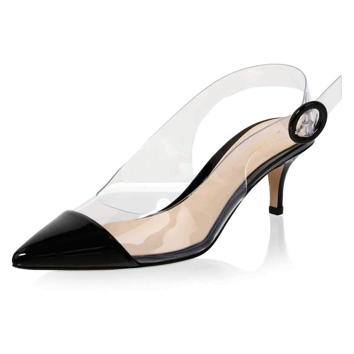 Black & Clear PVC Pointed Toe Kitten Heel Slingbacks Nicepairs