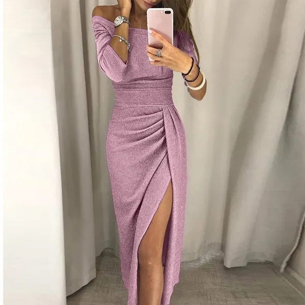 Women Off Shoulder Party dresses High Slit Bodycon Dress Long Sleeve Fashion Prom Dress Skirt