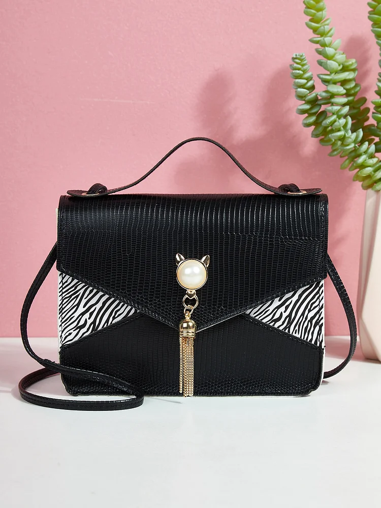 Mini Metal Tassel Decor Lizard Print Satchel Bag