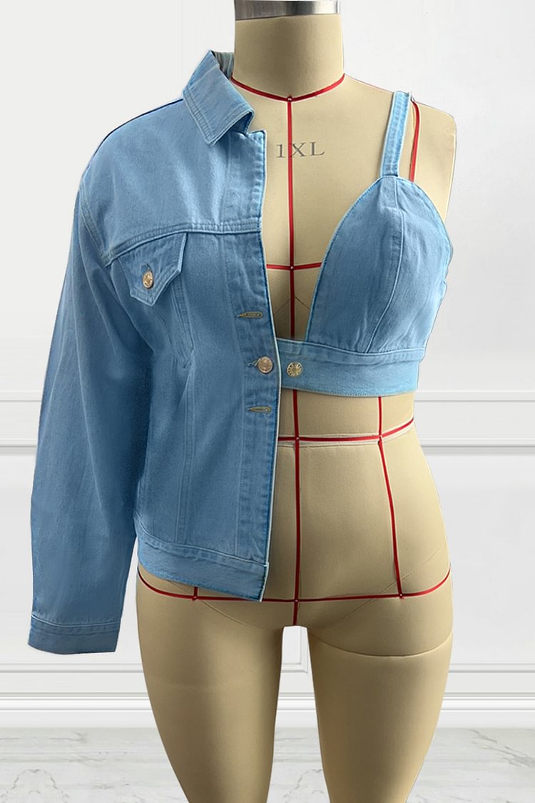 Xpluswear Plus Size Blue Casual Denim Backless Cut Out Bra Jacket Coat