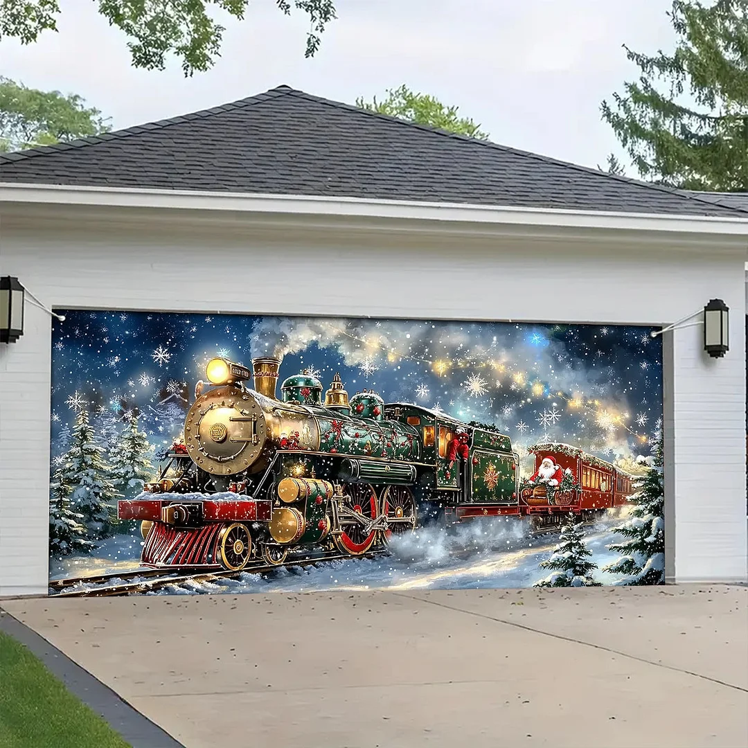 Garage Door Banner Decoration - Santa’s Sleigh on Rails The Enchanted Christmas Train Adventure