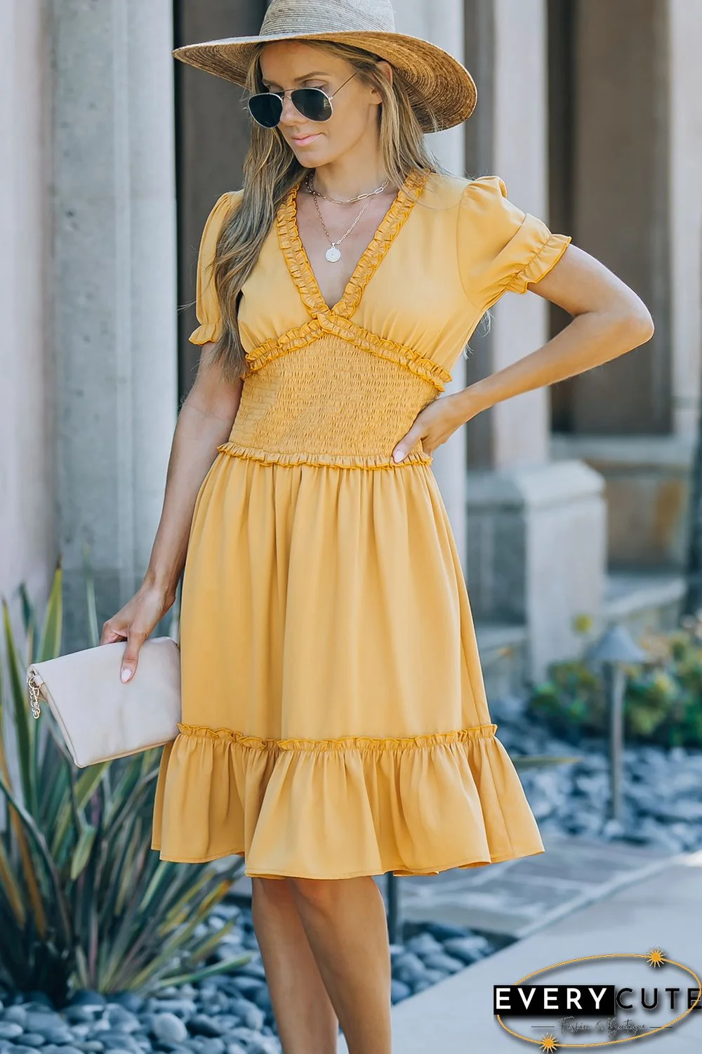 Yellow Frilled Shirred High Waist V Neck Midi Dress