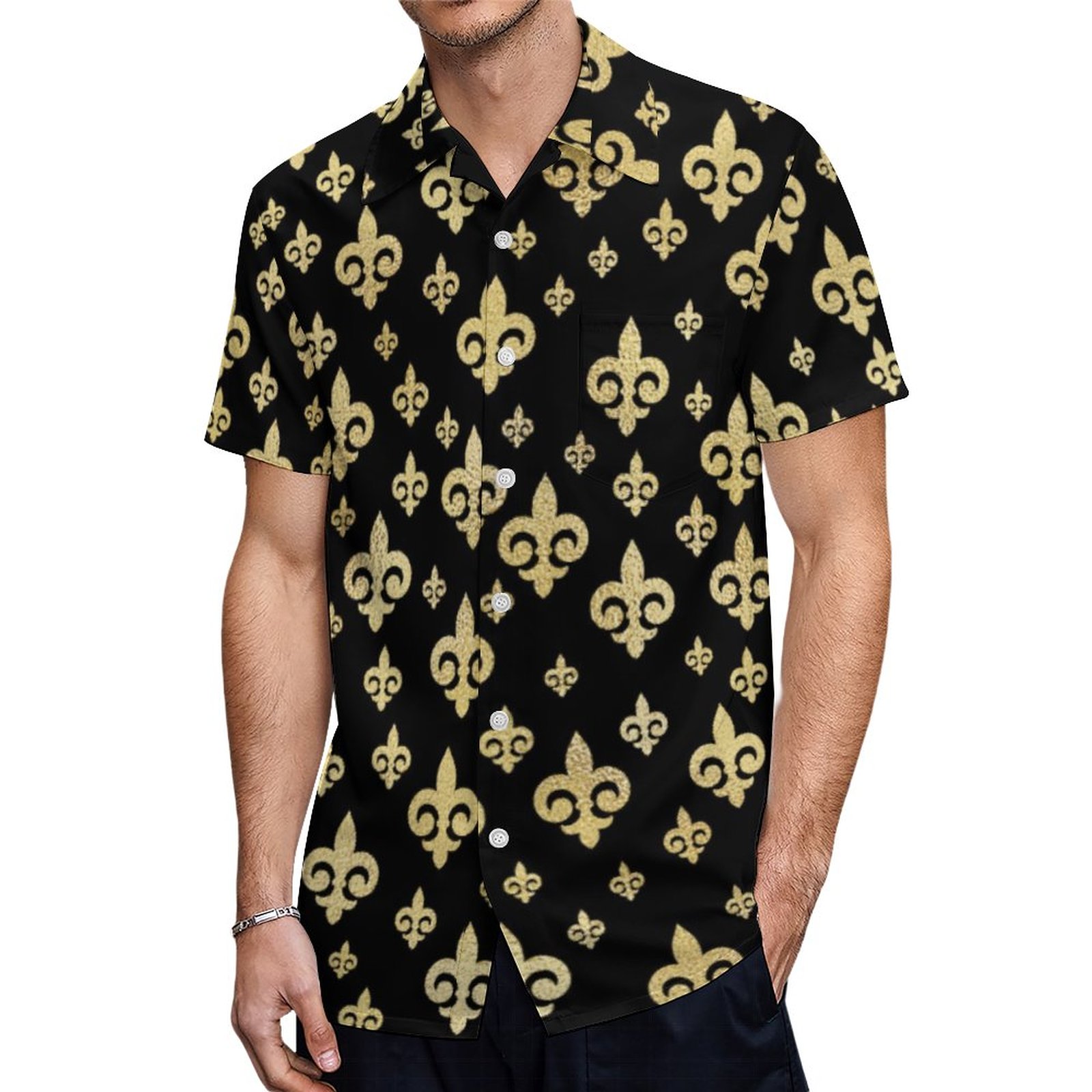 Elegant Black Gold Fleur De Lis Mardi Gras Hawaiian Shirt Mens Button Down Tropical Hawaii Beach Shirts