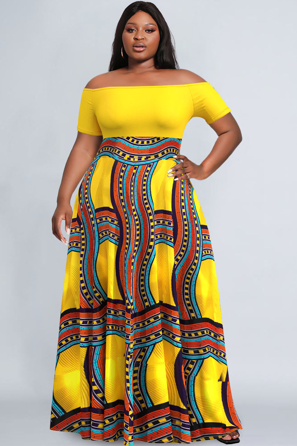 Design Plus Size Yellow Ankara Off Shoulder Maxi Dresses [Pre-Order]