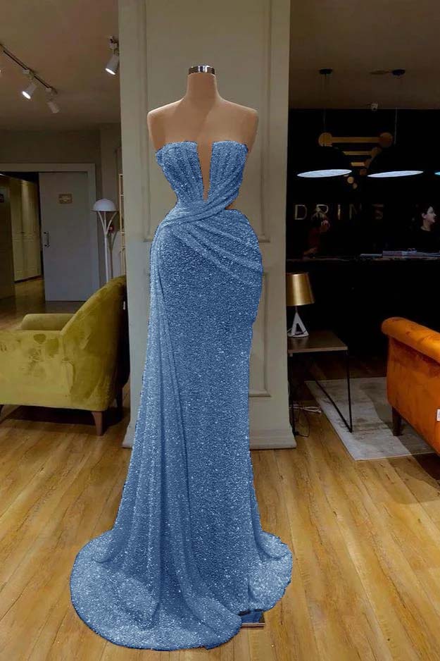 Hidais Sequins Sleeveless Gorgeous White Strapless Prom Dress With Pleated Online