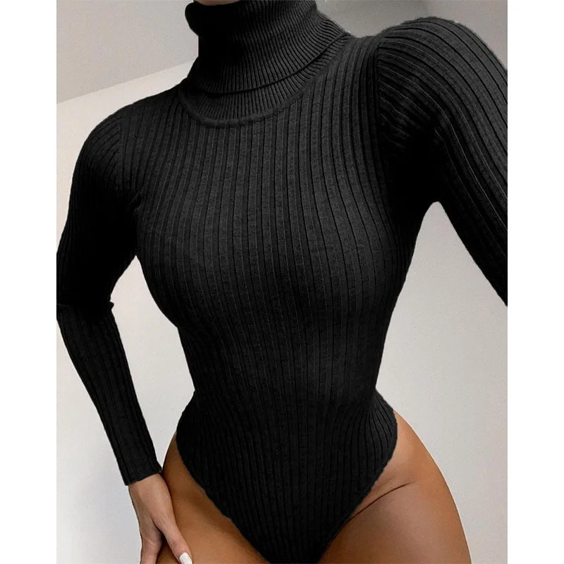 Long Sleeve Turtleneck Bodysuit Women Winter Clothing Ribbed Knitted Skinny Women's Body Gray Black 2021 New Female Outfits