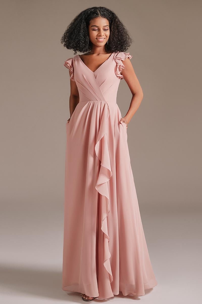 Staubig Rose Rüschen Ärmel Brautjungfernkleid mit Taschen BD0027 Lunass