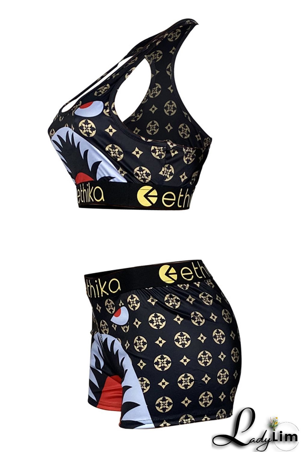 Black Sexy Casual Print Backless U Neck Sleeveless Two Pieces