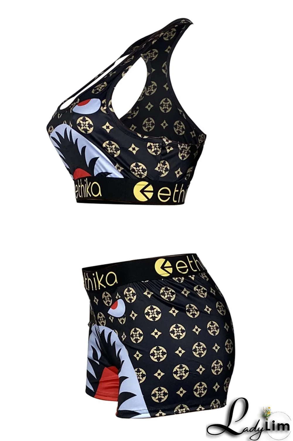 Black Sexy Casual Print Backless U Neck Sleeveless Two Pieces