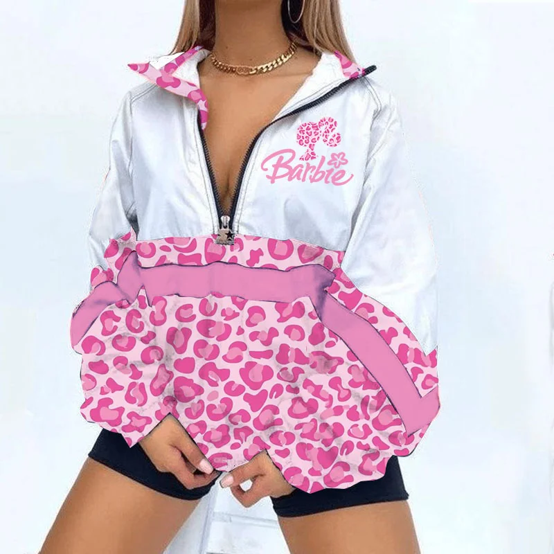 Pink Leopard Print Barbie Girl Zipper Pullover Sweatshirt Jacket