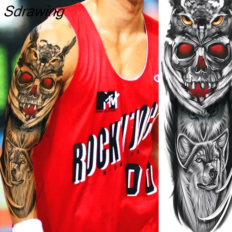 Sdrawing Totem Tattoo Arm Sleeve For Men Women Adult Realistic Fake Skeleton King Temporary Tattoo Evil Eye Demon Death Skull Tatoo