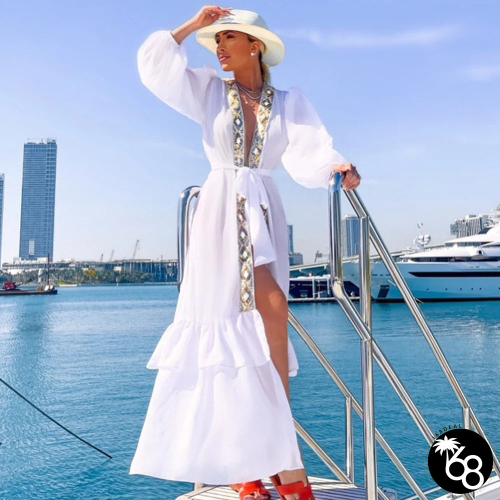 Women's Polyester Deep V-Neck Solid Pattern Bathing Cover Up | 168DEAL
