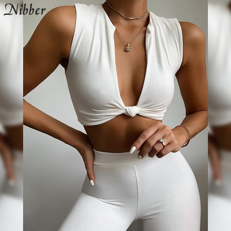 Nibber bodycon woman's sportwear outfit solid Low-cut v-neck crop tops leggings Matching 2piece set female activity fitness wear