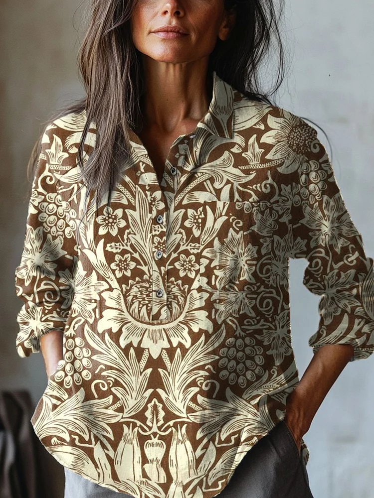 Women's Floral Art  Print Casual Cotton And Linen Shirt