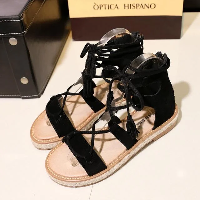 Women Summer Gladiator Sandals Lace-up Peep Toe Flat Tassel Cross Tied Beach Shoes