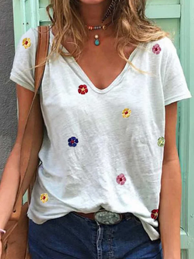 Bestdealfriday White Printed Short Sleeve V Neck Cotton Shirts Tops 8958364