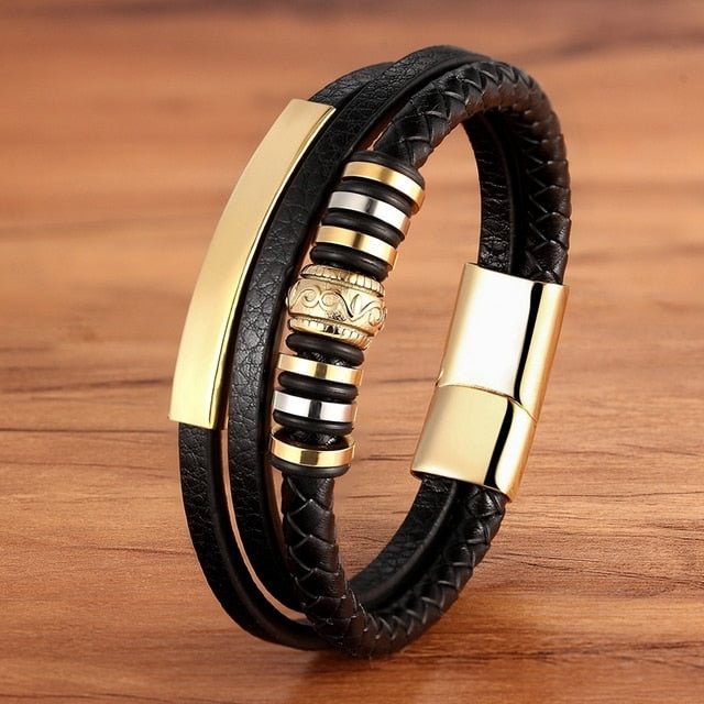 YOY-Fashion Promotion Multi-layer Metal Luxury Men's Leather Bracelet