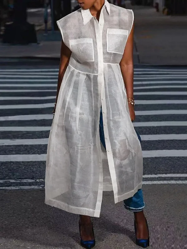 Loose Buttoned Pockets See-Through Split-Joint Transparent Lapel Midi Dresses