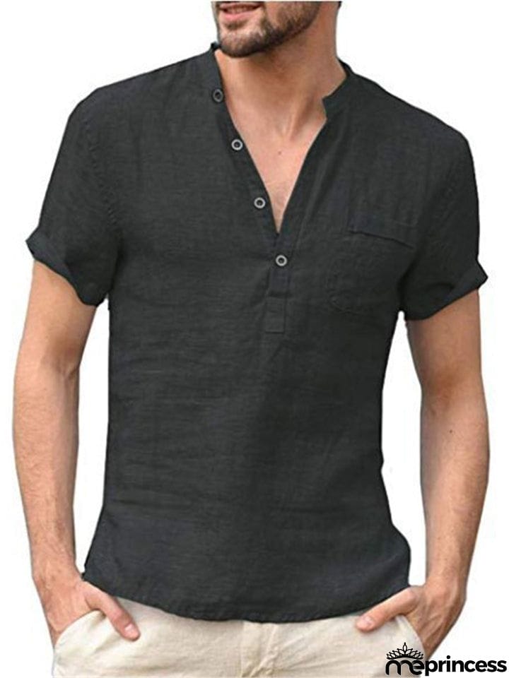 Men's Casual Comfy Short Sleeve Holiday Linen Shirts for Summer