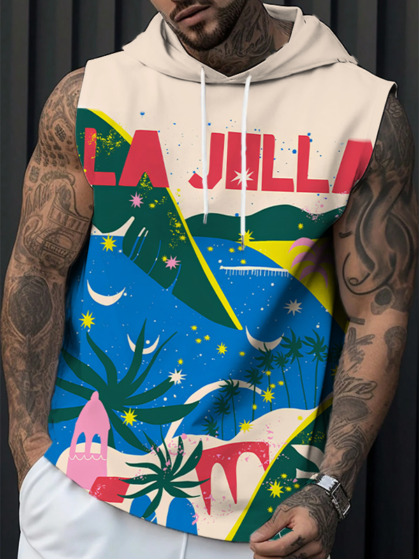 Men's La Jolla Vacation Scenery Print Workout Hooded Tank Top