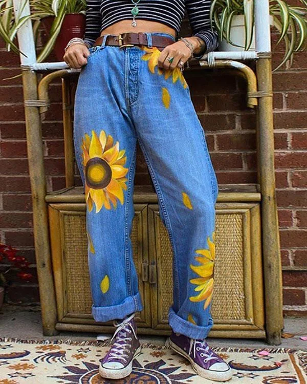 women s casual print washed sun flower loose jeans p101840