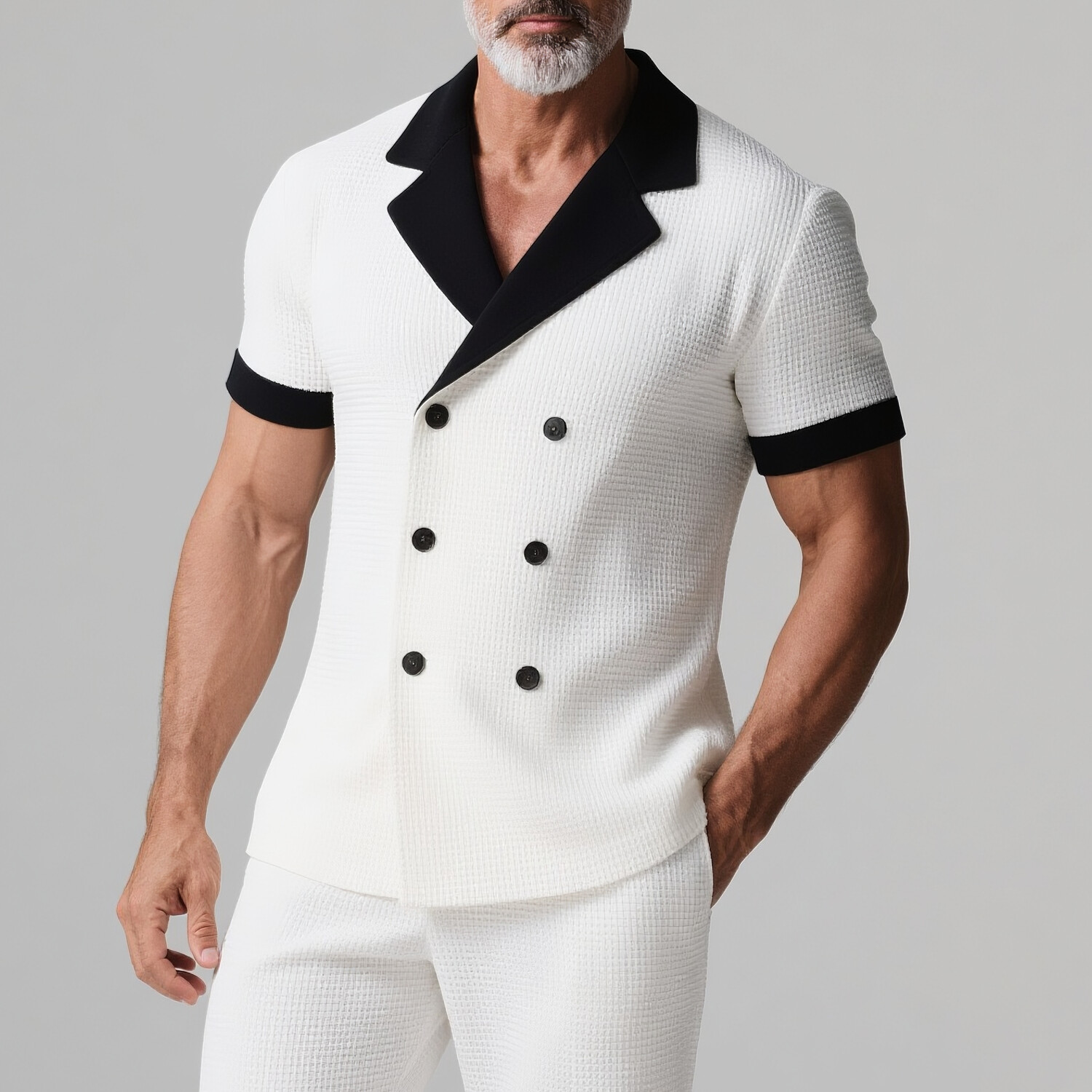 Men's Contrast Color Waffle Notch Lapel Double Breasted Short Sleeve Shirt