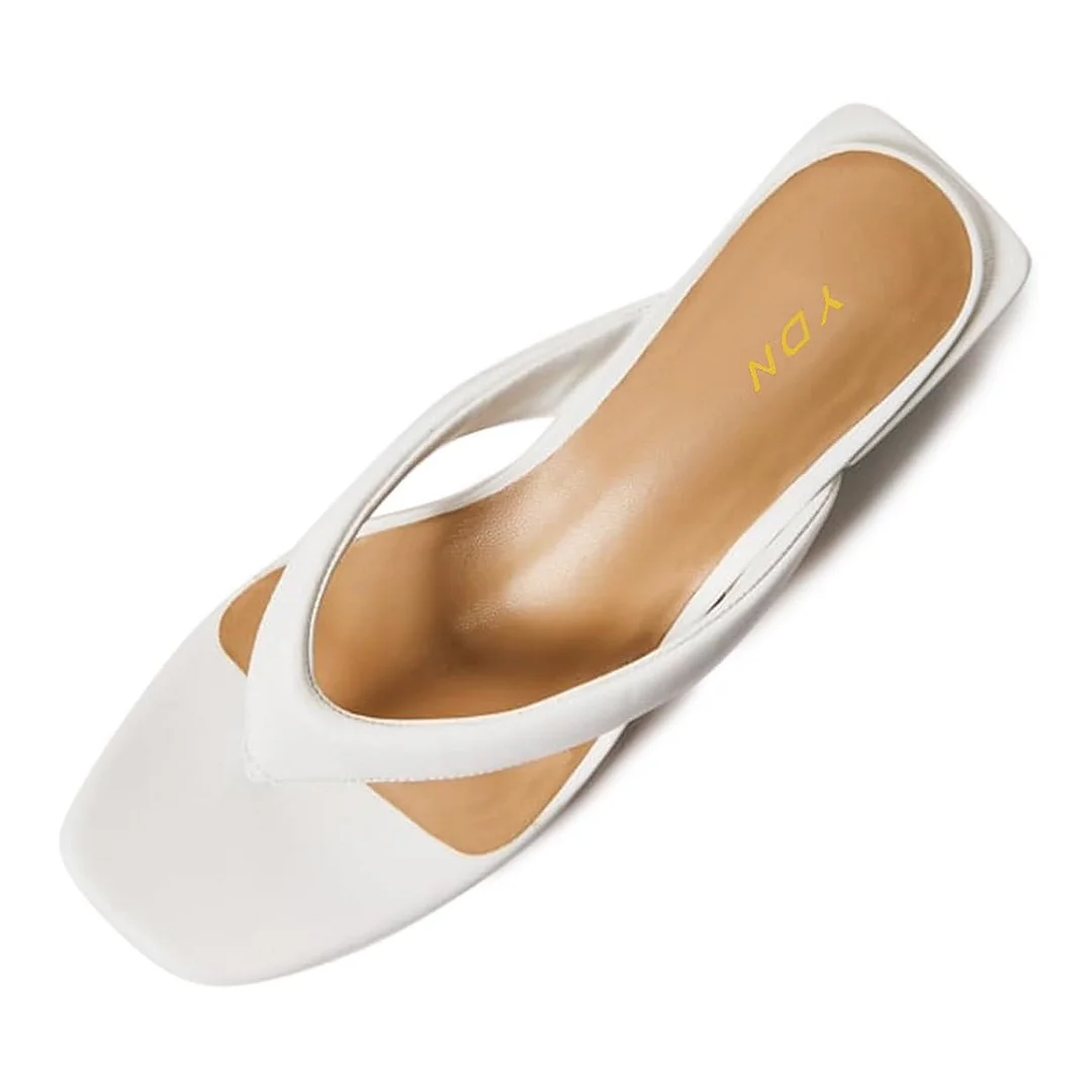YDN Open Square Toe Flip Flop Block Heel Slide Sandals in White