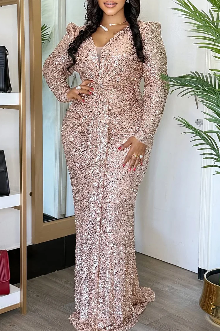 Plus Size Formal Champagne V Neck Long Sleeve Bodycon Elegant Sequin Maxi Dresses