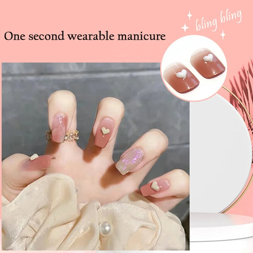 24pcs Ballet Fake Nails Coffin Head Pink Color Press On Nail Art tips with 3D Heart And Bow Design French Style Girl False Nails-Nail Inspo