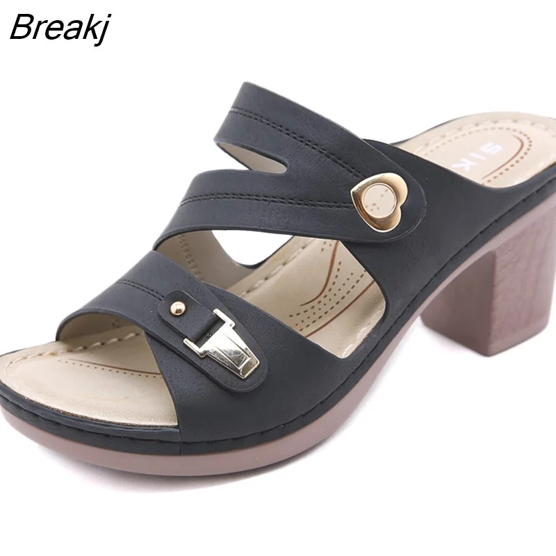 Breakj Low Heels Sandals for Women Summer Retro Chunky Heel Orthopedics Slippers Fashion Large Size Lady Light Casual Mules Shoes