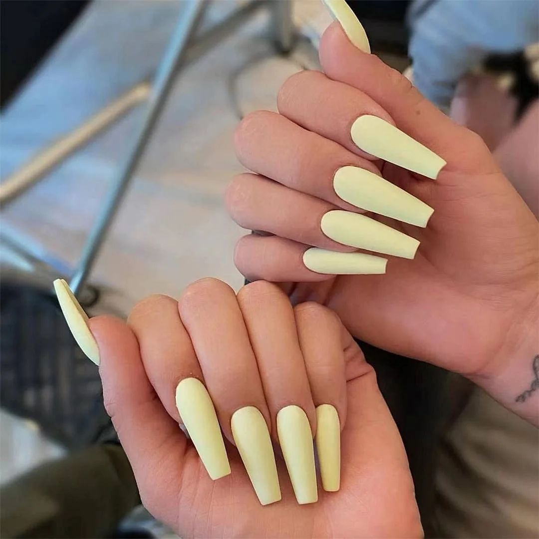 24Pcs Nail Art Tips Long Matte Green Frosted Ballerina Fake Press on Nails Wearable Full Cover Coffin French Fake Nail With Glue