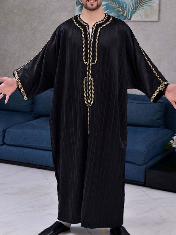 Simple Stripe Casual Long Sleeve Muslim Men's Gown