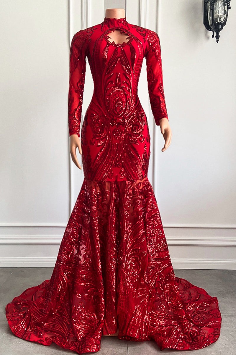 Bellasprom Red Long Sleeves Sequins Prom Dress Mermaid High Neck Bellasprom