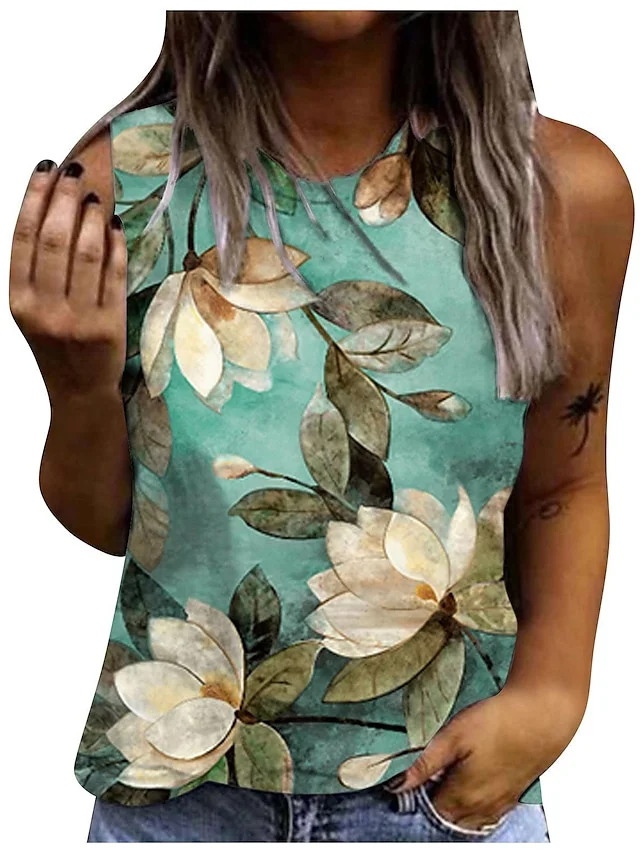 Women's Tank Top Yellow Pink Navy Blue Floral Print Sleeveless Casual Holiday Basic Round Neck Regular Floral S