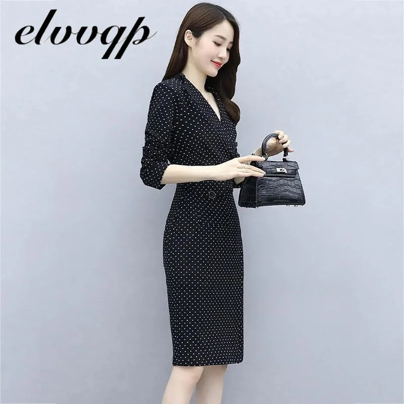 Plus Size 4XL Dress Women Elegant Fashion Office Lady Work Wear Stylish Party Dot Print Belt Midi Notched Bodycon Formal Dress