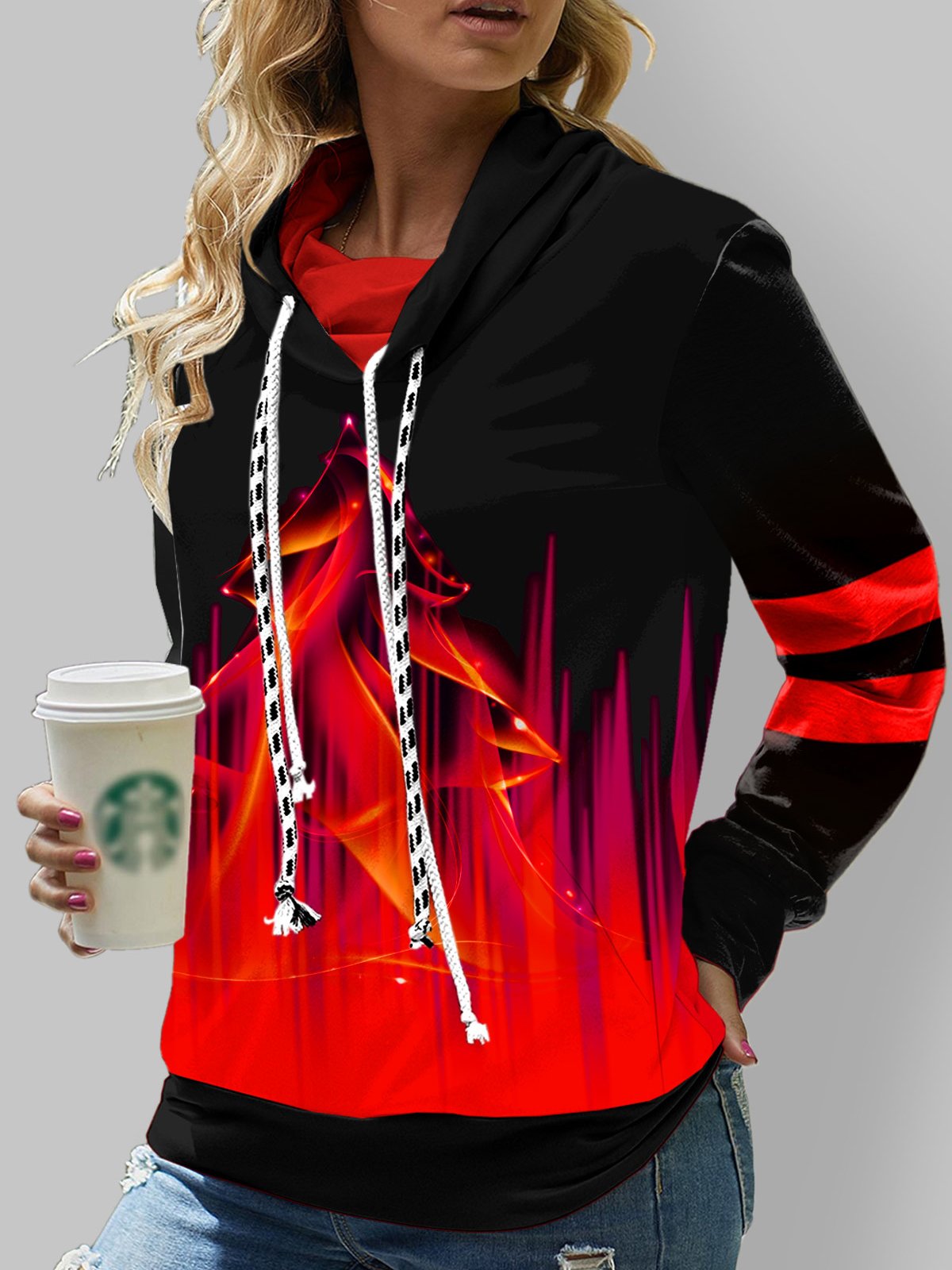 Women Long Sleeve Scoop Neck Hooded Printed Sweatshirts Tops