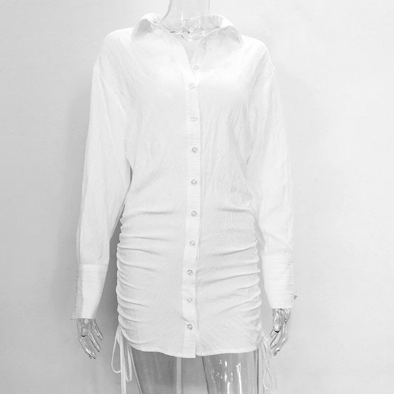 hirigin Sexy White Button Up Shirt Dresses for Women Spring Fall 2021 Fashion Drawstring Long Sleeve Bodycon Mini Dress