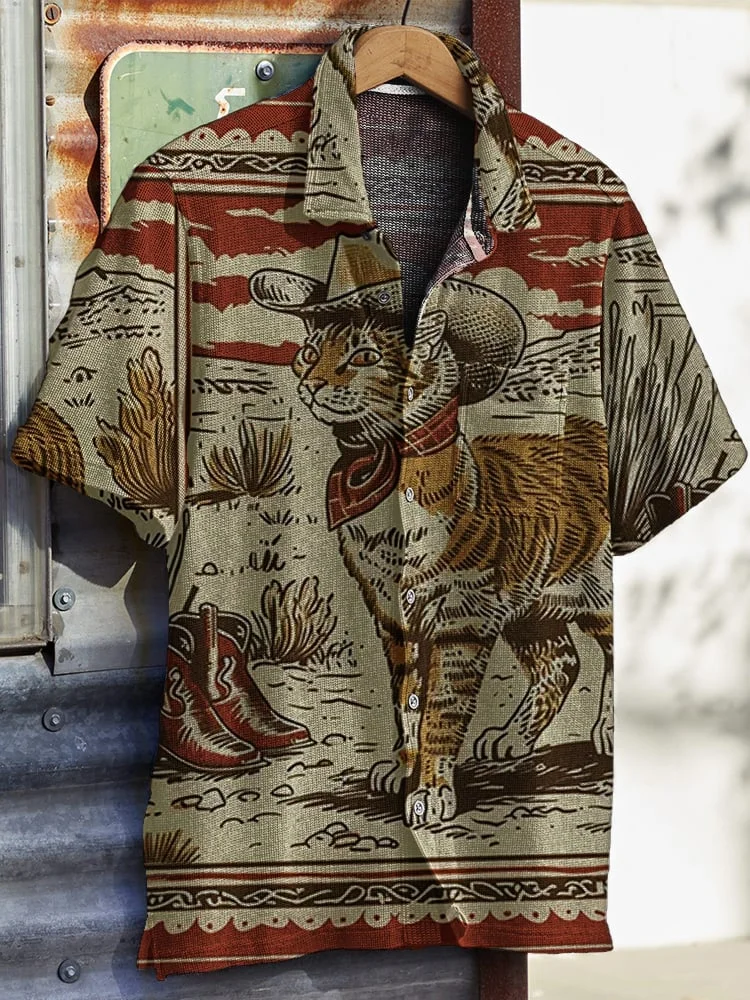 Men's Retro Western Print Waffle Short Sleeve Shirt