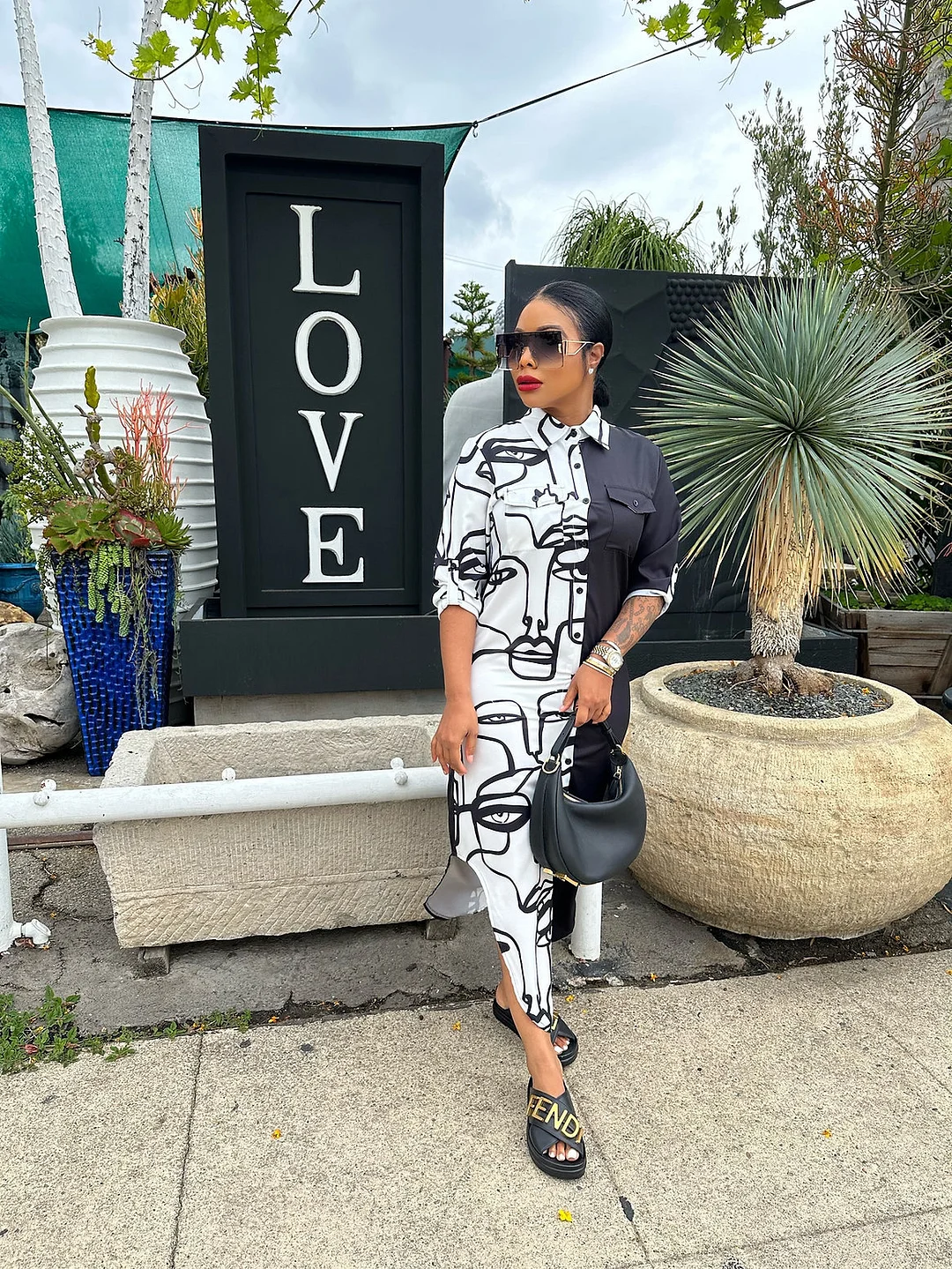 Fashion Print Shirt Collar Contrast Long Dress | IFYHOME