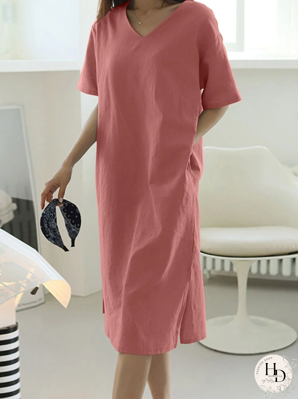 Solid Pocket Slit Hem V-neck Rolled Short Sleeve Dress