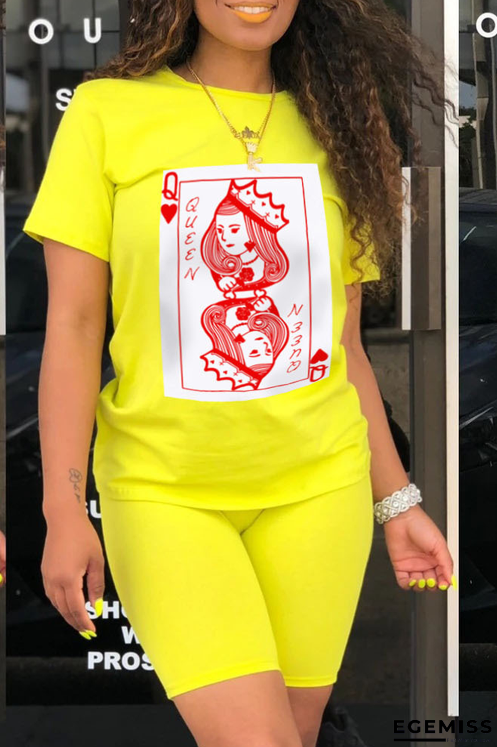 Yellow Casual Print Patchwork O Neck Short Sleeve Two Pieces | EGEMISS