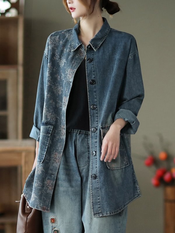 Artistic Retro Printed Loose Lapel Denim Outerwear