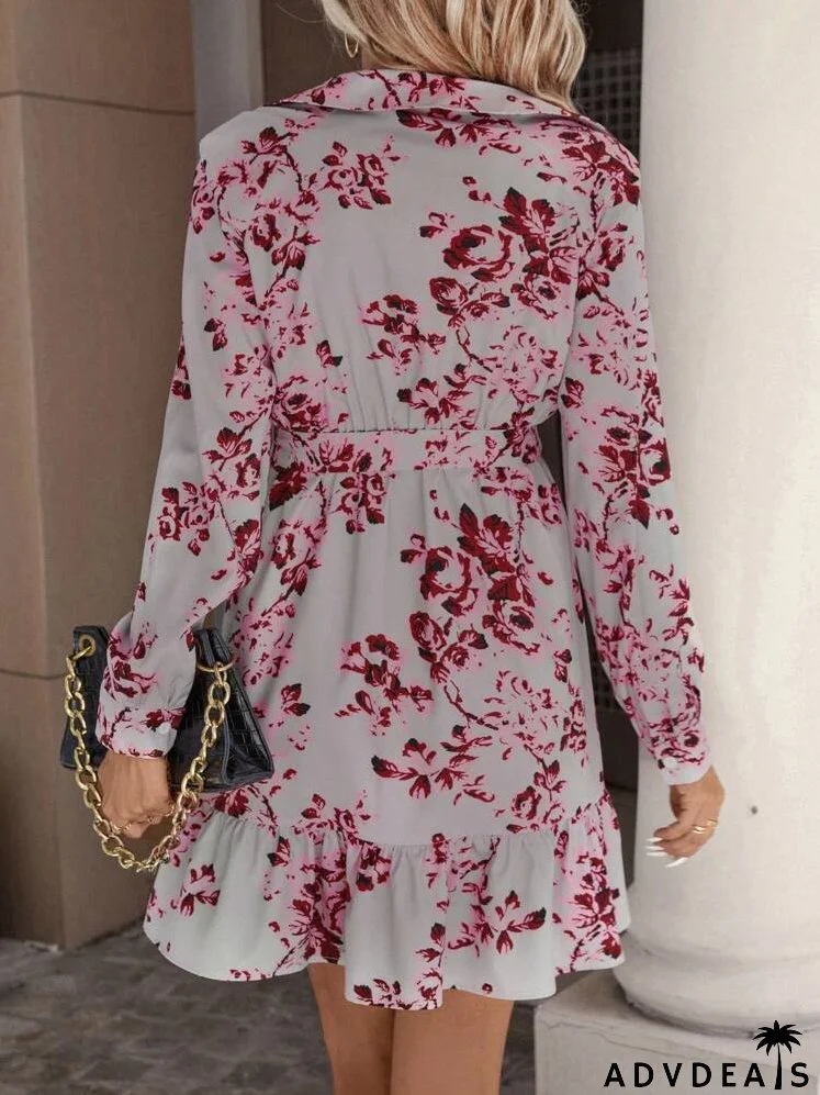 Floral Print Ruffle Hem Belted Shirt Dress