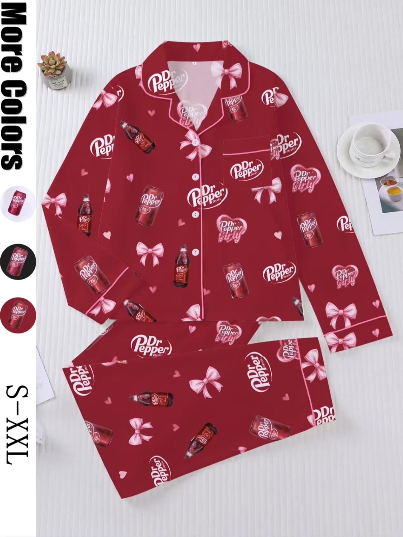 Women's Heart-shaped drink bottle Sleepwear Set, Long Sleeve Button-Up Top & Elastic Pants, Casual Home Wear, Party, Pajamas